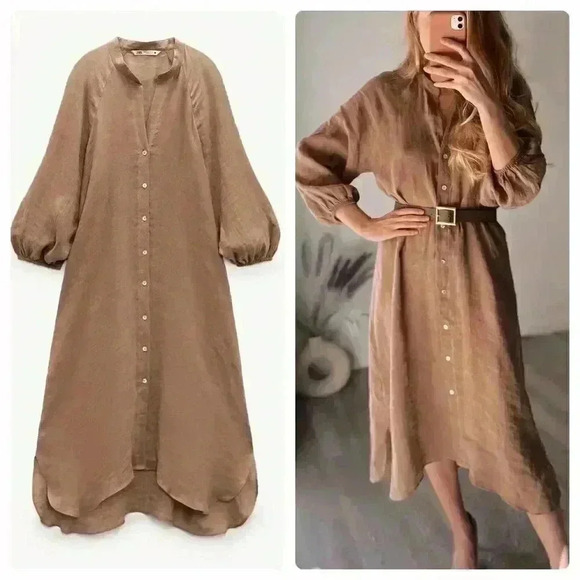 New Zara Linen Shirt Dress Camel New Buttons - Picture 6 of 15